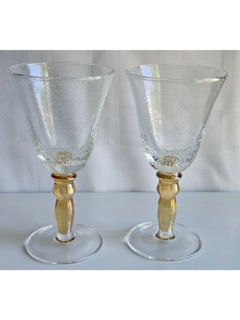 Pottery Barn Bubble Hand Blown Heavy Wine/Water Glasses Amber Stem Set of 2